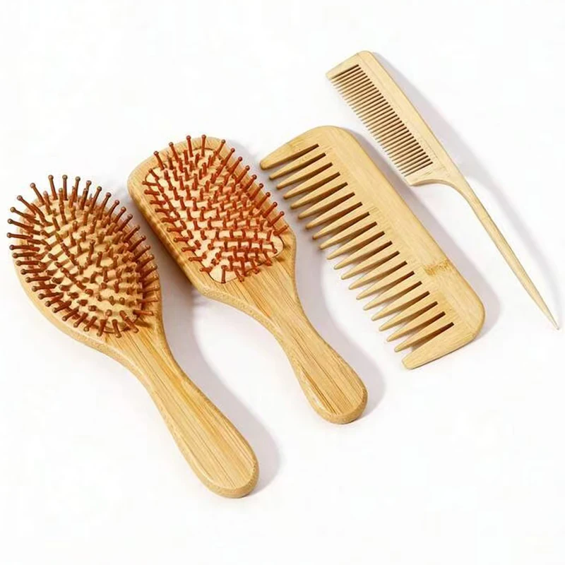 1pc/4pcs Bamboo paddle hairbrush set, including a comb, a wide-tooth massage curly hair comb, suitable for thick curly hair