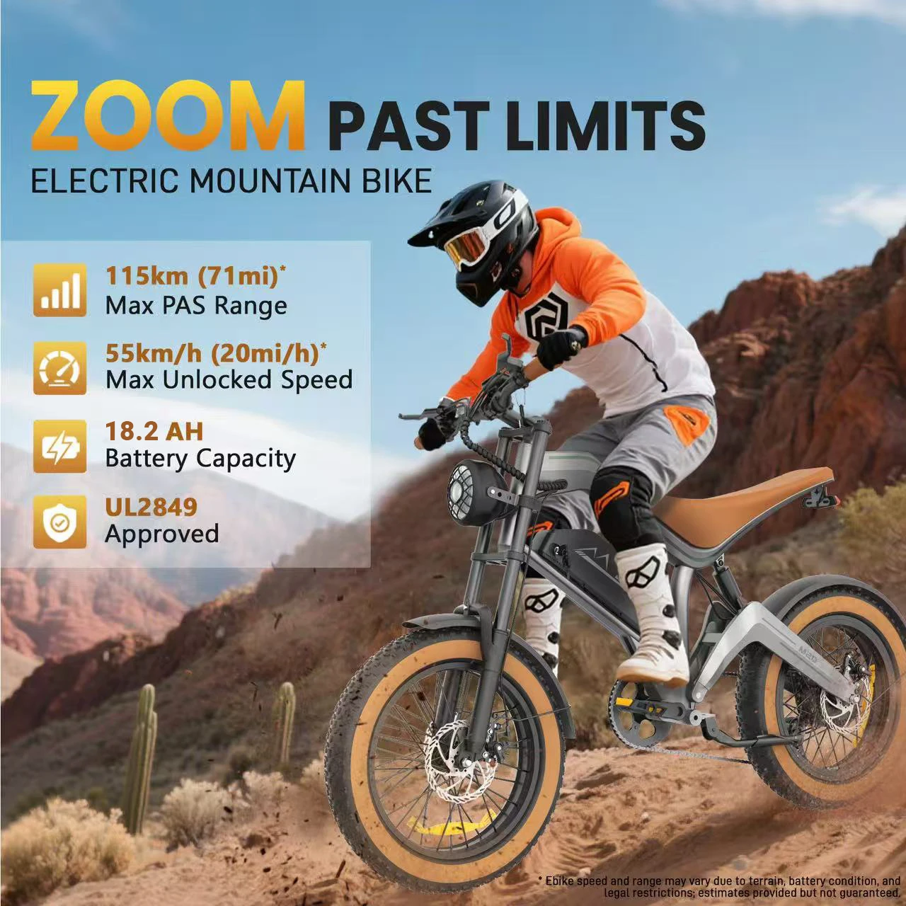 Vélo électrique M20 pour adultes, 1000W, batterie 48V18.2Ah, vélo de montagne à pneus larges, 7 vitesses, frein hydraulique, avec NFC, vélo électrique tout-terrain