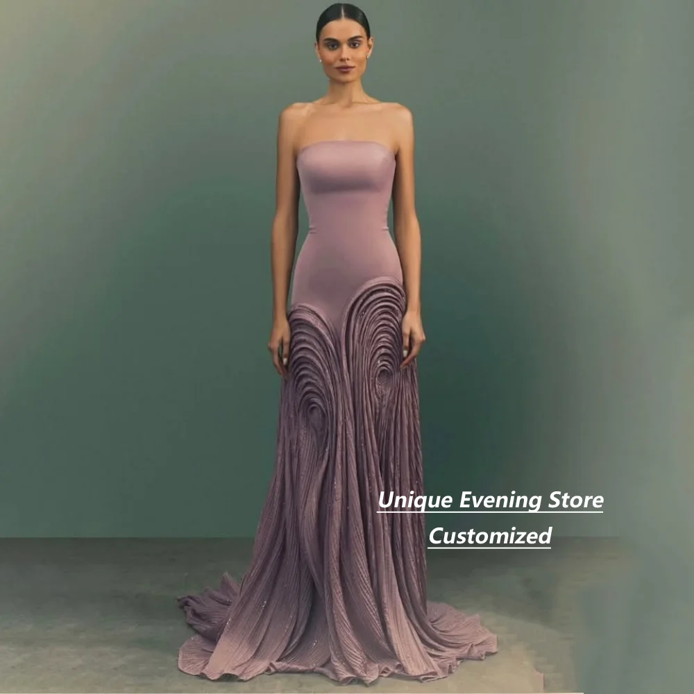 Vestido de Noche sin Tirantes Color Malva Polvoriento Personalizado, Vestido de Sirena de Satén Elástico con Chifón Plisado 3D y Cola, Vestido Formal para Fiesta de Graduación