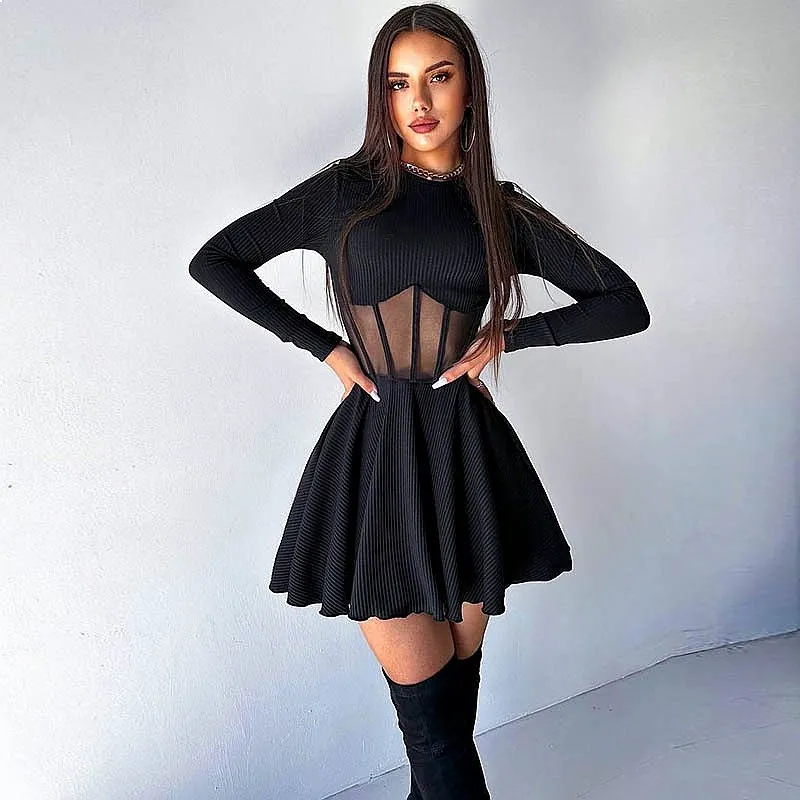 Sexy Semi High Neck Long Sleeve Mesh See Through Boning Waist Short Dress Dresses