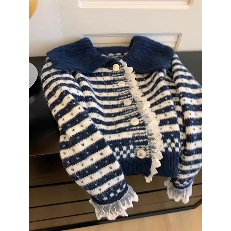 

MEXZT Vintage Striped Knitted Cardigan Women Harajuku Cropped Sweater Outerwears Korean Lace Patchwork Knitwears Winter Jumpers