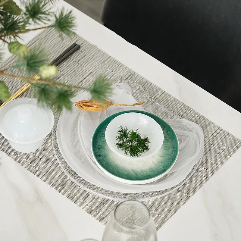 New Chinese Exhibition Hall Decoration Tableware Set Soft White Jade Zen Dining Table Set Cloud Glass Mat Plate Cup