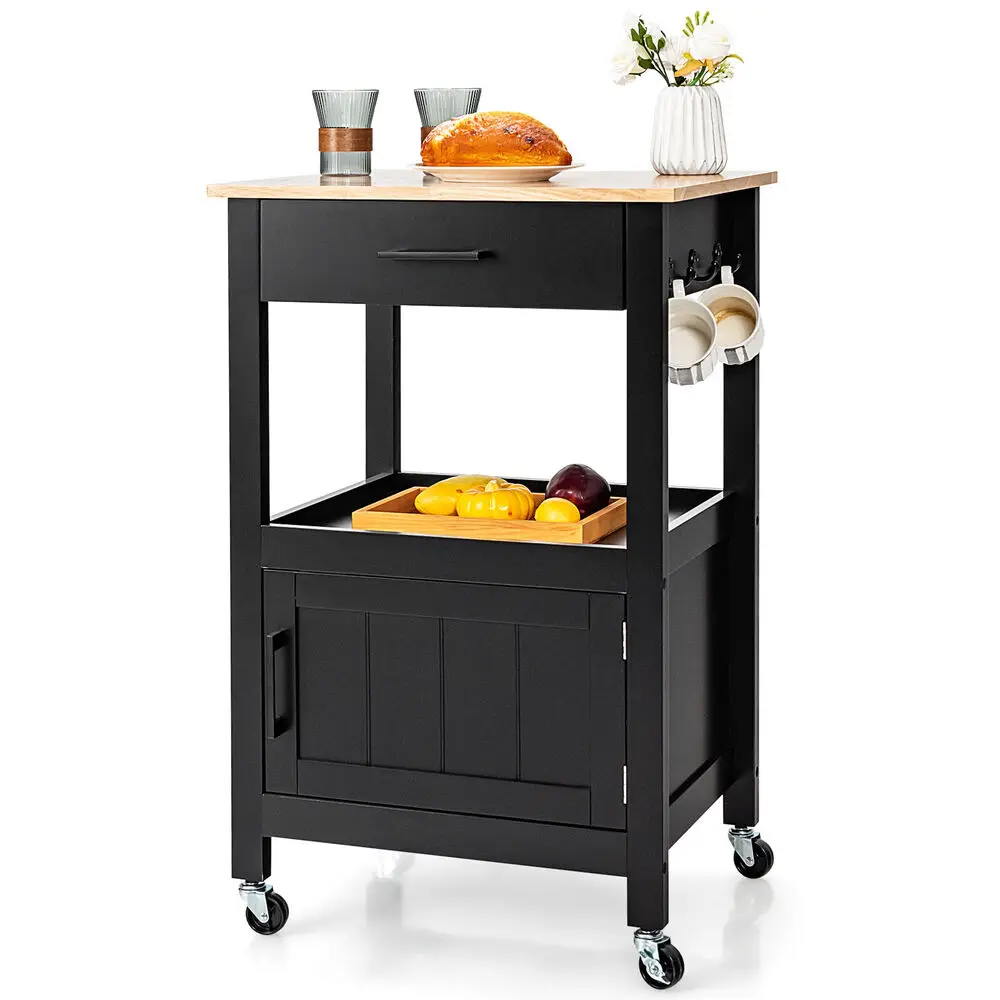 Costway Rolling Kitchen Island Cart on Wheels Bar Serving Trolley w/Drawer Cabinet Black