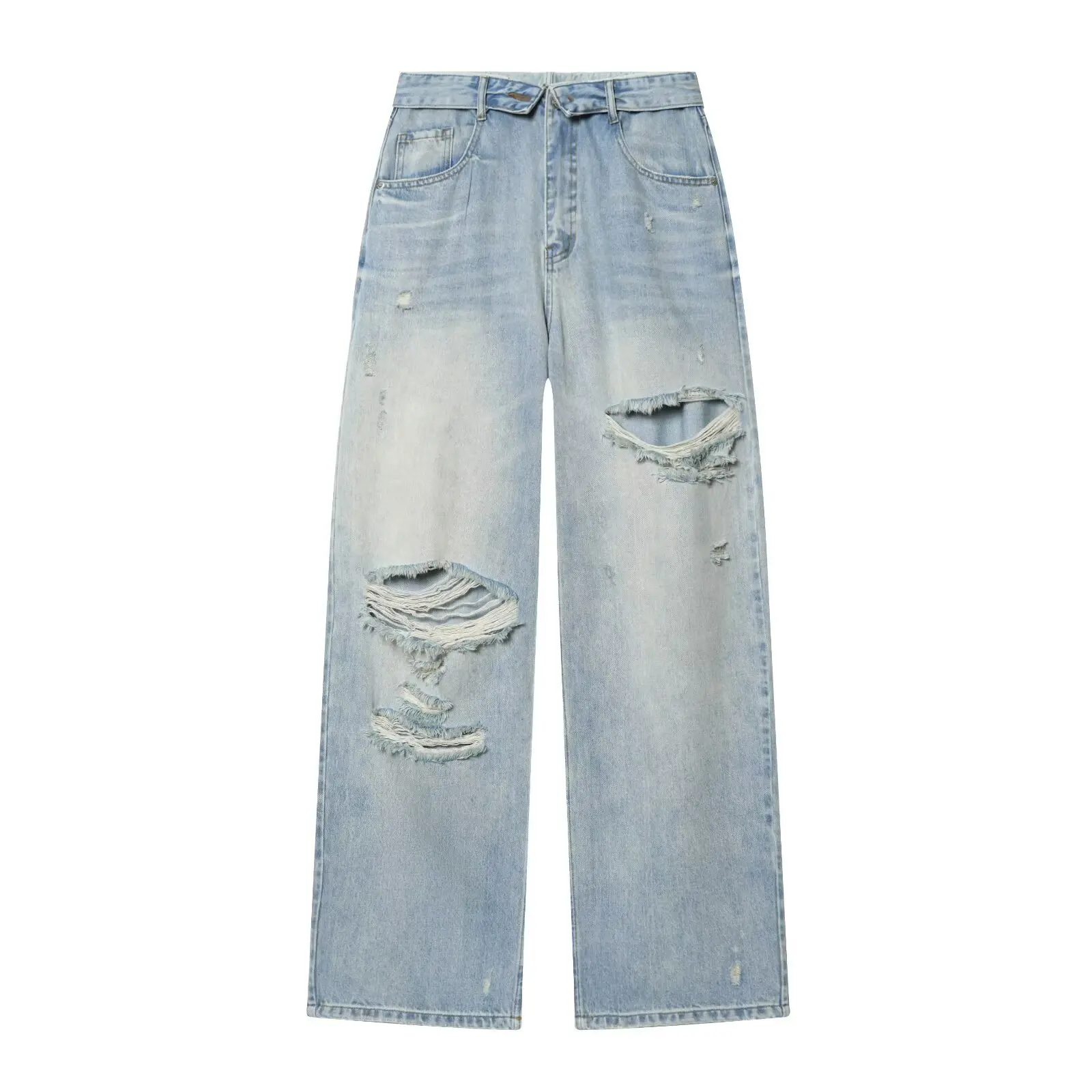 

Women Light Blue Ripped Wide Leg Jeans Distressed High Waist Loose Fit Denim Pants For Street Style And Casual Wear Fashion IQXB
