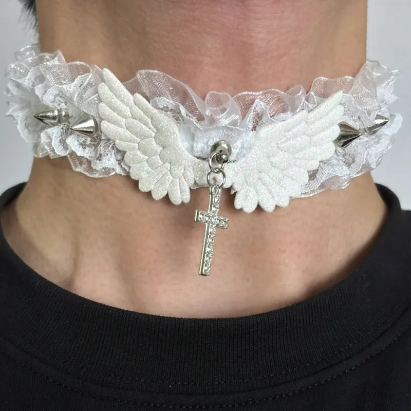 

2025 New Gothic Lace Garter Lace Rivets Cross Necklace Lolita Leg Garters Y2K Angel Wings Choker Leg Ring Strap Cosplay Bondage