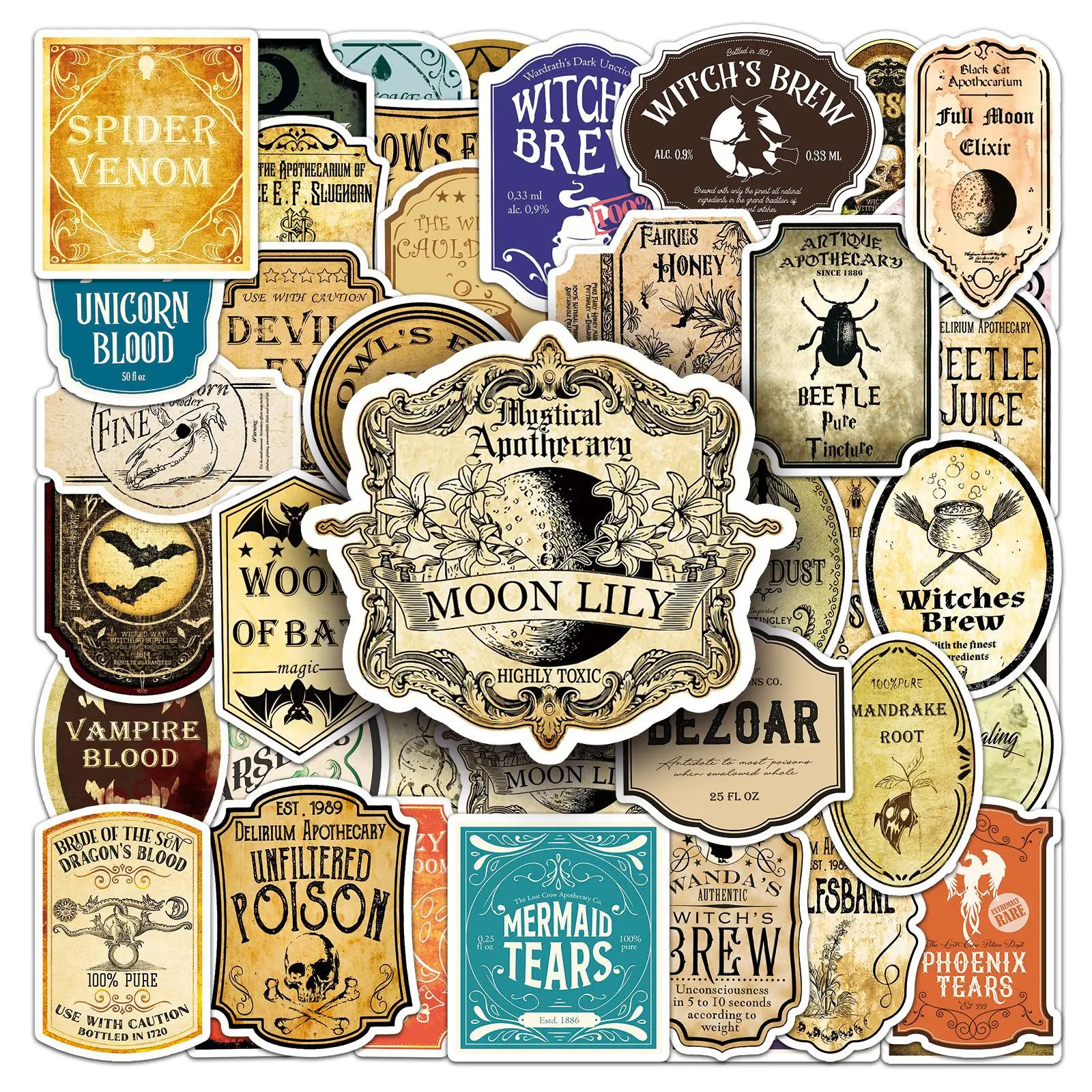 50PCS 마법 물약 만화 스티커 레트로 스타일 그래피티 고딕 장식 DIY 장난감 냉장고 노트북 기타 자전거 스케이트보드 데칼