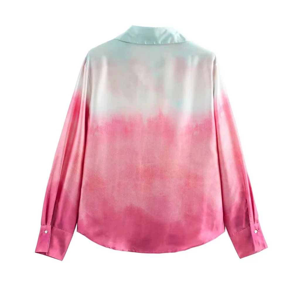 BMURHMZA Autumn New Product Women's Fashion Silk Texture Tie Dyeing Printed Shirt High Waist Wide Leg Pants Set