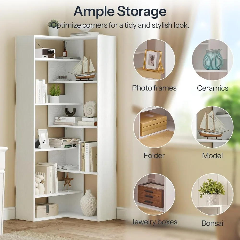 رف كتب زاوية، خزانة كتب على شكل حرف L بطول 65 بوصة مع حواجز، رف زاوية خشبي، رف عرض تخزين حديث للكتب