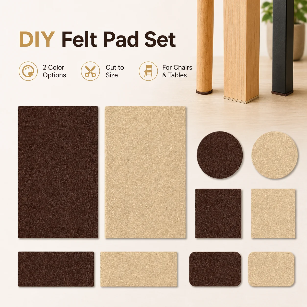 Customizable Felt Pad Sheet for Furniture Legs, DIY Cut-to-Fit Floor Protectors for Chairs Tables Brown Beige