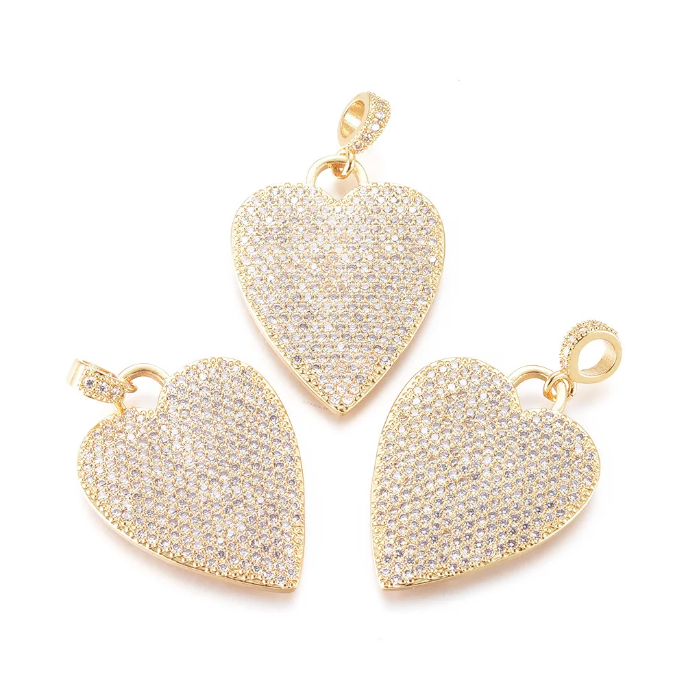 Pandahall 3Pcs Heart Brass Micro Pave Cubic Zirconia Pendants Metal Charms with Tube Bails For Necklace Bracelet Jewelry Making