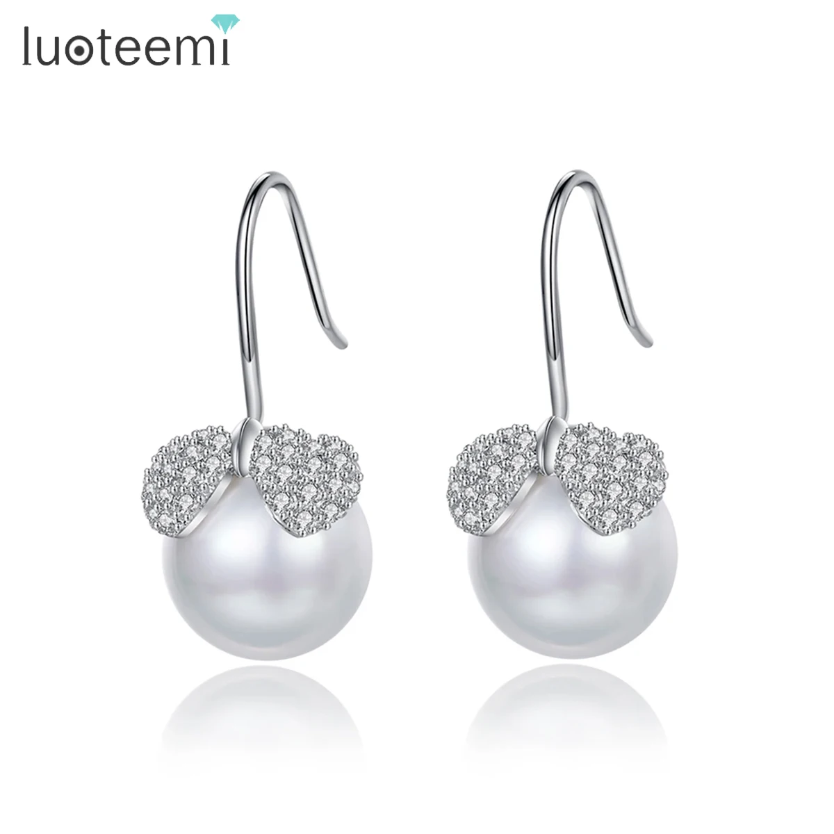 LUOTEEMI Cute Bowknot Cubic Zirconia Imitation Pearl Drop Earring for Women Sweet Simple Design Girl Party Accessories Christmas