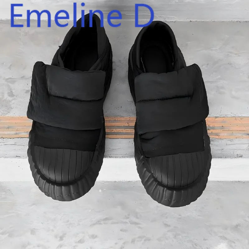 Step On Couple's Snow Boots Thick Velvet and Warm Velcro Design Down Bread Shoes Round Toe Casual and Simple Flat Cotton Shoes