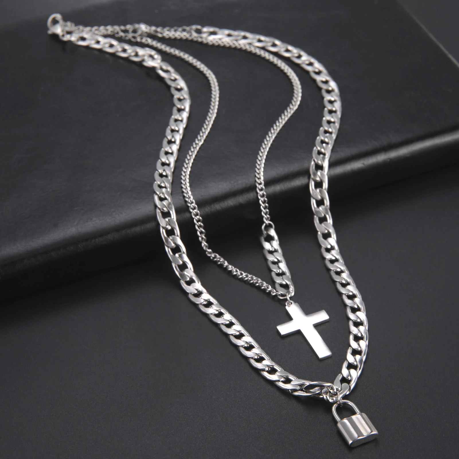 Hip Hop Cross Padlock Pendant Necklace Stainless Steel Double Layer Necklace for Men Women Trend Jewelry Party Gift