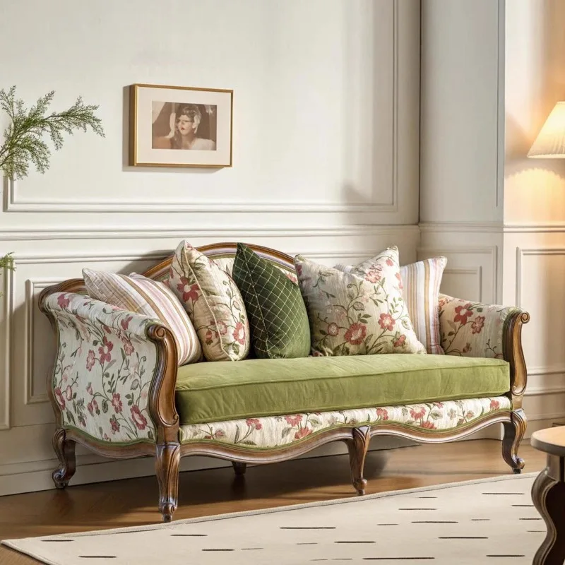 French solid wood carving flower fabric sofa custom romantic wind green velvet embroidery American neoclassical simple down