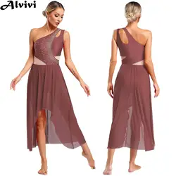 Women Sleeveless Rhinestones Mesh Modern Lyrical Dance Leotard Dress Ballet Gymnnastics Skating Stage Performance Dancewear
