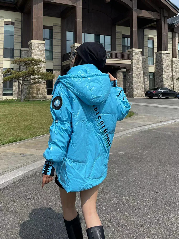 Korean Fashion Winter Short Jacket Women Waterproof Shiny Candy-Colored White Duck Down Coat Female Loose Hooded Parker Overcoat