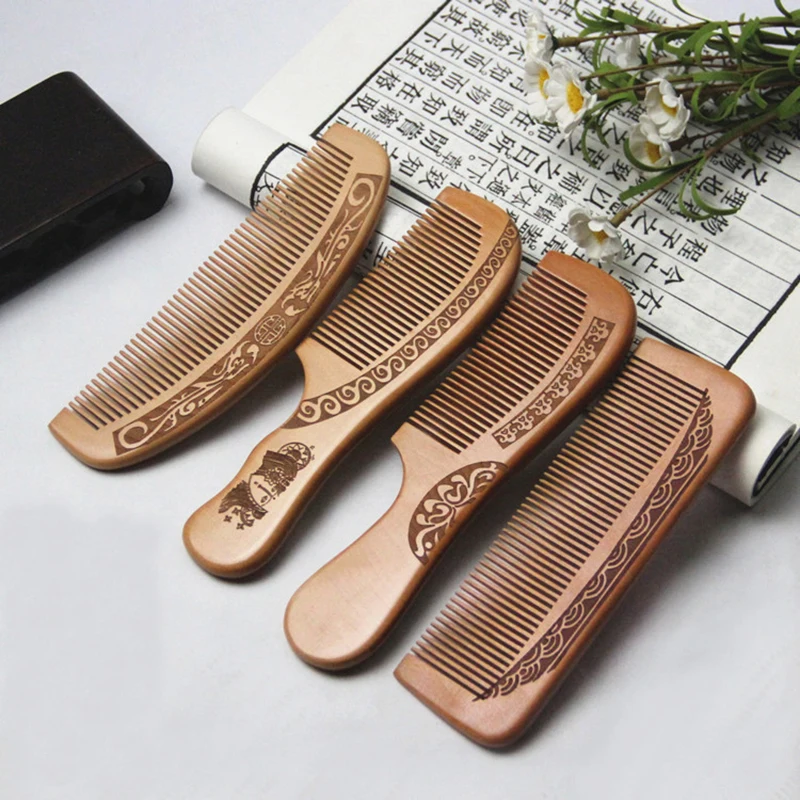 1Pcs Natural Peach Wood Comb Anti-static Engraved Comb Detangling Close Teeth Healthy Head Massage Hair Combs Hair Styling Tools