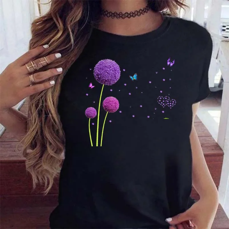 Maycaur-Camiseta con estampado de diente de león para mujer, ropa de manga corta con estampado de dibujos animados, Tops para mujer