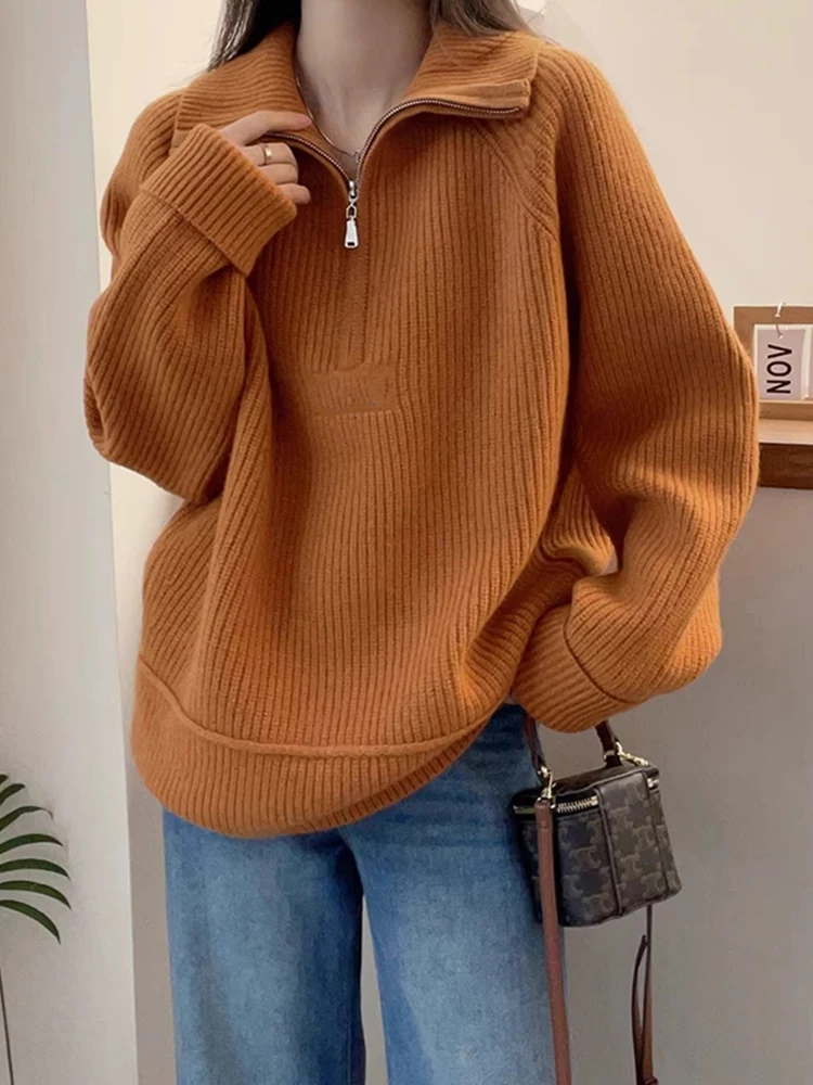 

Pure Color Simple Collar f Zipper Wool Knitted Sweater Early Autumn Casual Loose Versatile Slimming Overhead Sweater Women