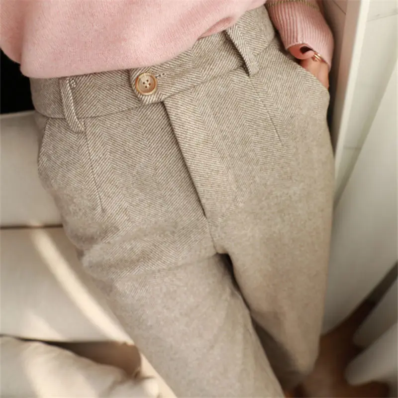 Woolen Pants Women\'s Harem Pencil Pants Spring High Waist Pockets  3XL Suit Pants Office Lady Stripde Zipper Trousers