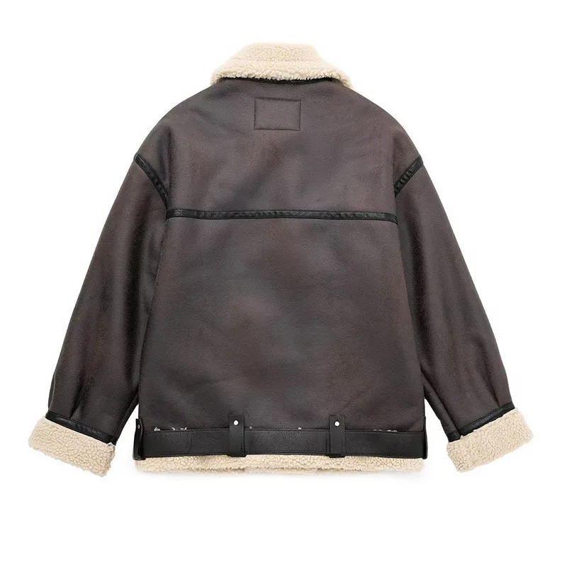 Vintage Women Short Faux Lamb Wool Leather Jacket With Belt Winter New Korean Casual Lapel Long Sleeve Thick Warm Female Outwear