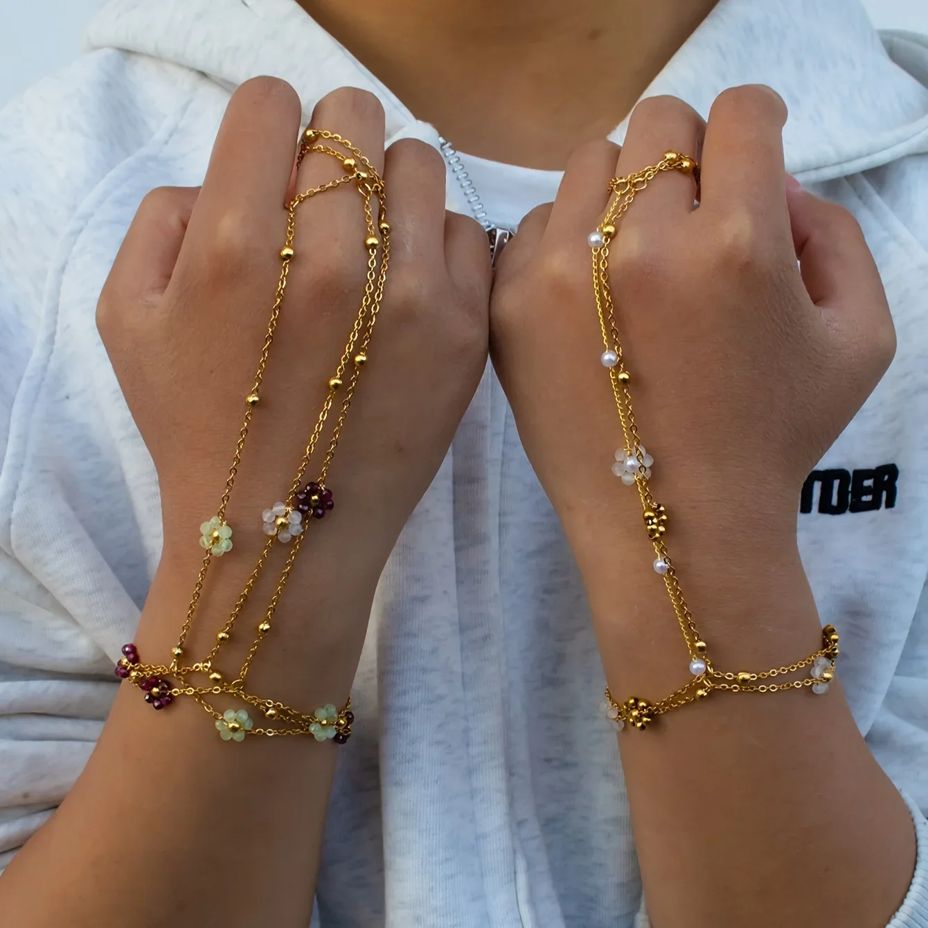 Purple Flower Bracelet With Finger Ring Stainless Steel Double Layer Bracelets Gold Plated Wholesale Afghan Jewelry