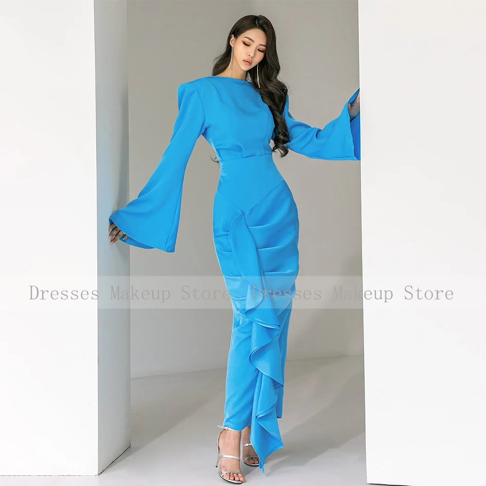 فساتين حفلة موسيقية أنيقة للنساء ، أكمام طويلة ، غمد رقبة دائرية ، فساتين أعمدة ، طول الكاحل ، كشكشة ، فستان حفلات أزرق فاتح ،