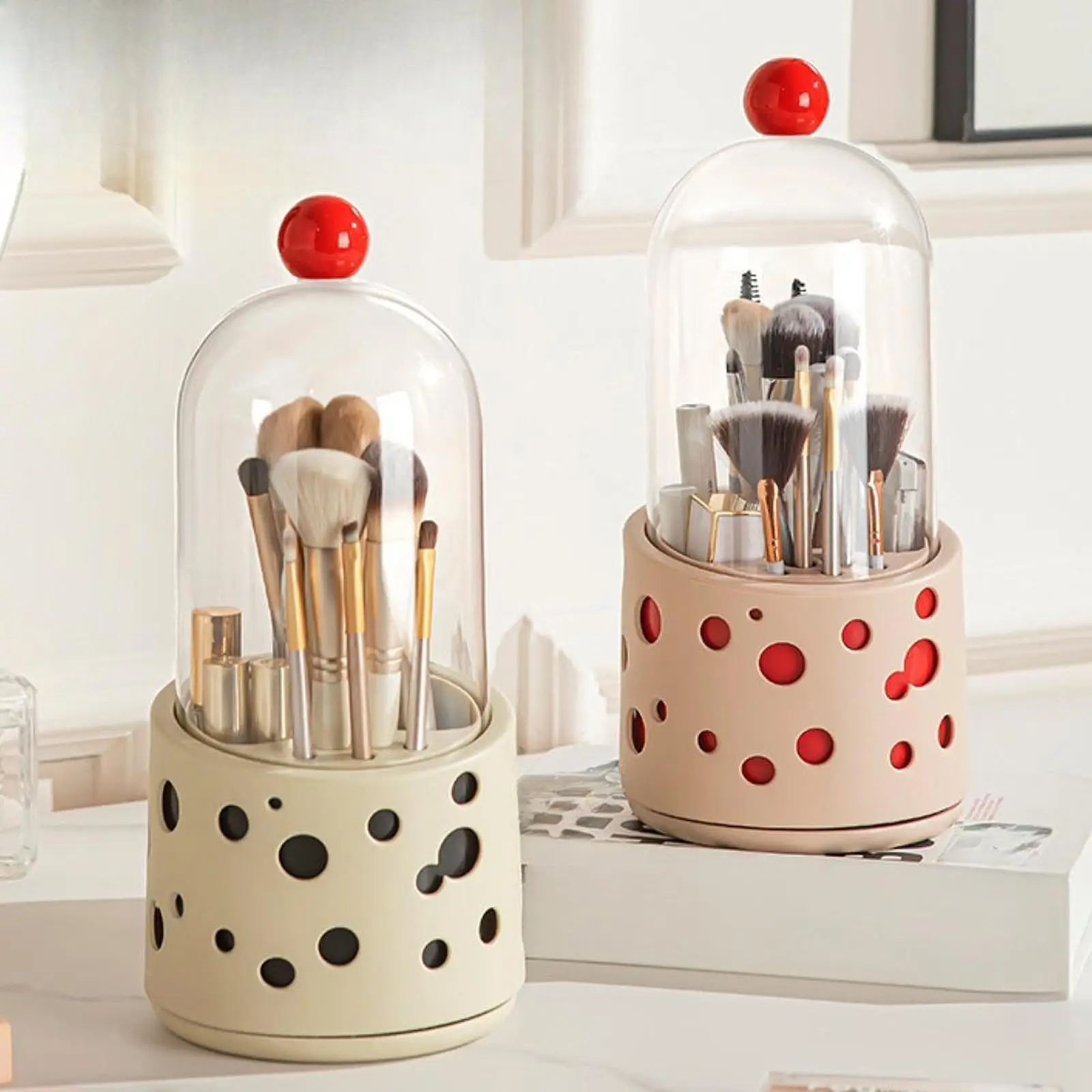 Makeup Brush Holder Organizer Make up Brush Container Box Cosmetic Tools Storage Cup with Lid 360 Rotating for Home Vanity