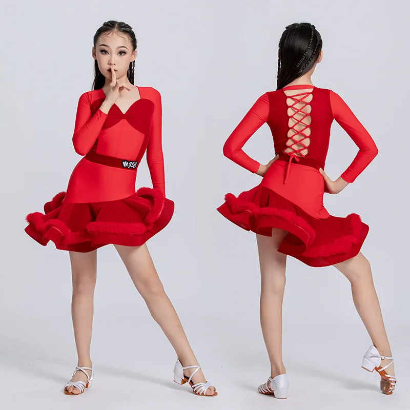Customized Girls Latin Dance Dress Art Exam Children's Training Performance Competition Dance Clothing Top and Skirt 2pcs