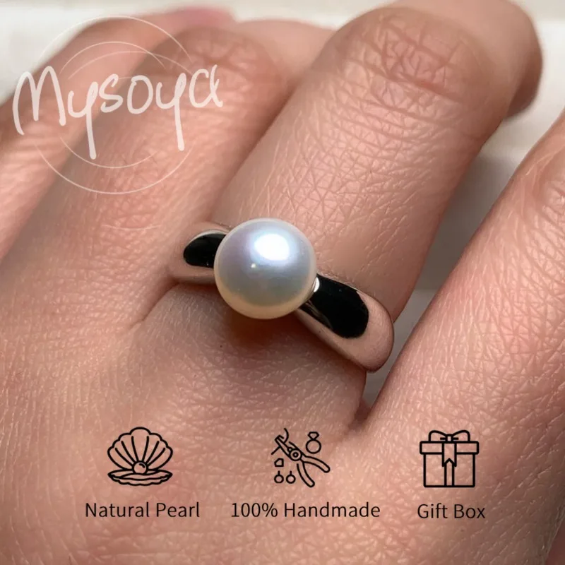 

MYSOYA White Freshwater Pearl Ring 8-9mm With Gift Box For Her/Him Birthday/Wedding/Christmas/New Year/Anniversary Gift