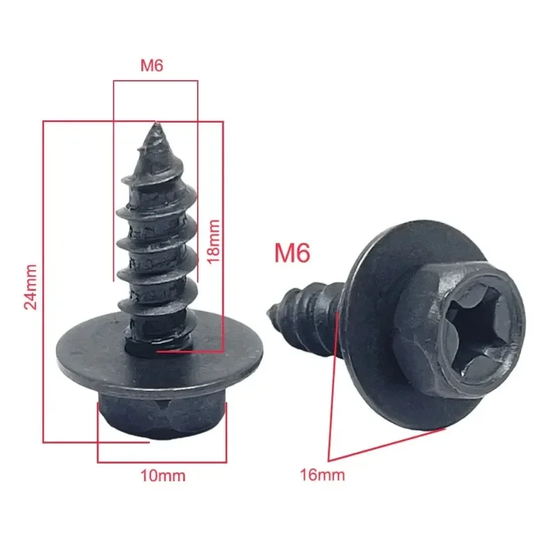 20Pcs M6 Black Cross Hex Self Tapping Screws with Gasket 6mm for Auto Motorcycle Bumper Fender