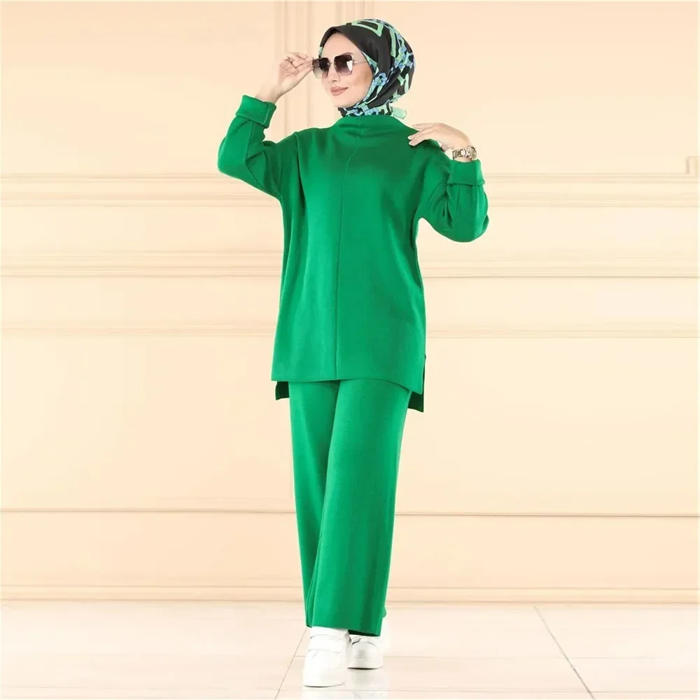 Elegant Casual Autumn Winter Knitted 2 Piece Set Womens Outfits Matching Muslim Set Wide Leg Pants Suit Tracksuit Ramadan Arabic