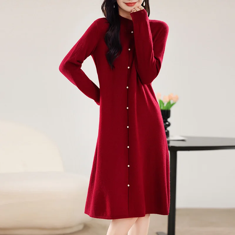 

Повседневные женские платья 2024, осень/зима, вязаное платье из 100% шерсти, женская одежда, платье с длинными рукавами для женщин, бесплатная доставка