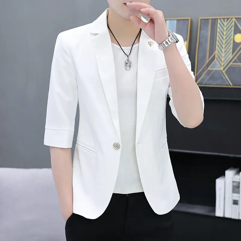 

Men's Slim Fit ort Sve Suit Jaet Casual Lightweight Spring Summer Faion Korean Sle Seven Sve Button up Coat