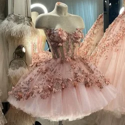 Sweet Pink Decal Crystal Bead Glossy Tulle Fluffy Knee Length Evening Dresses miniskirt 3D Flower Pattern Cocktail Dresses