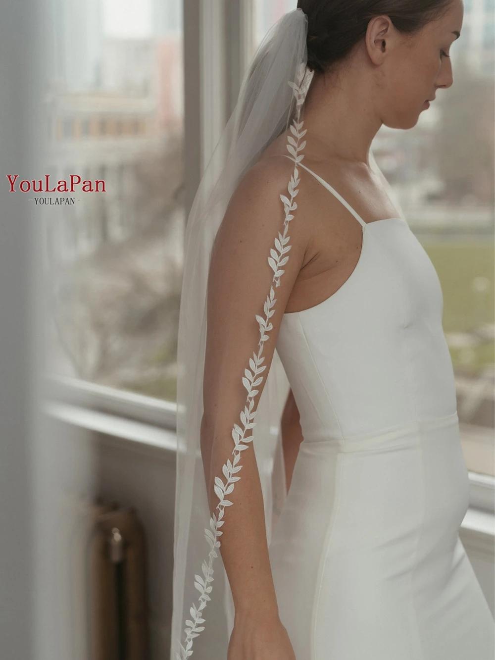 YouLasaupoudrer-Voile de mariage en tulle doux avec bordure en dentelle, 1 niveau de long, élégant, valse délicate, longueur VEU, patients, V129