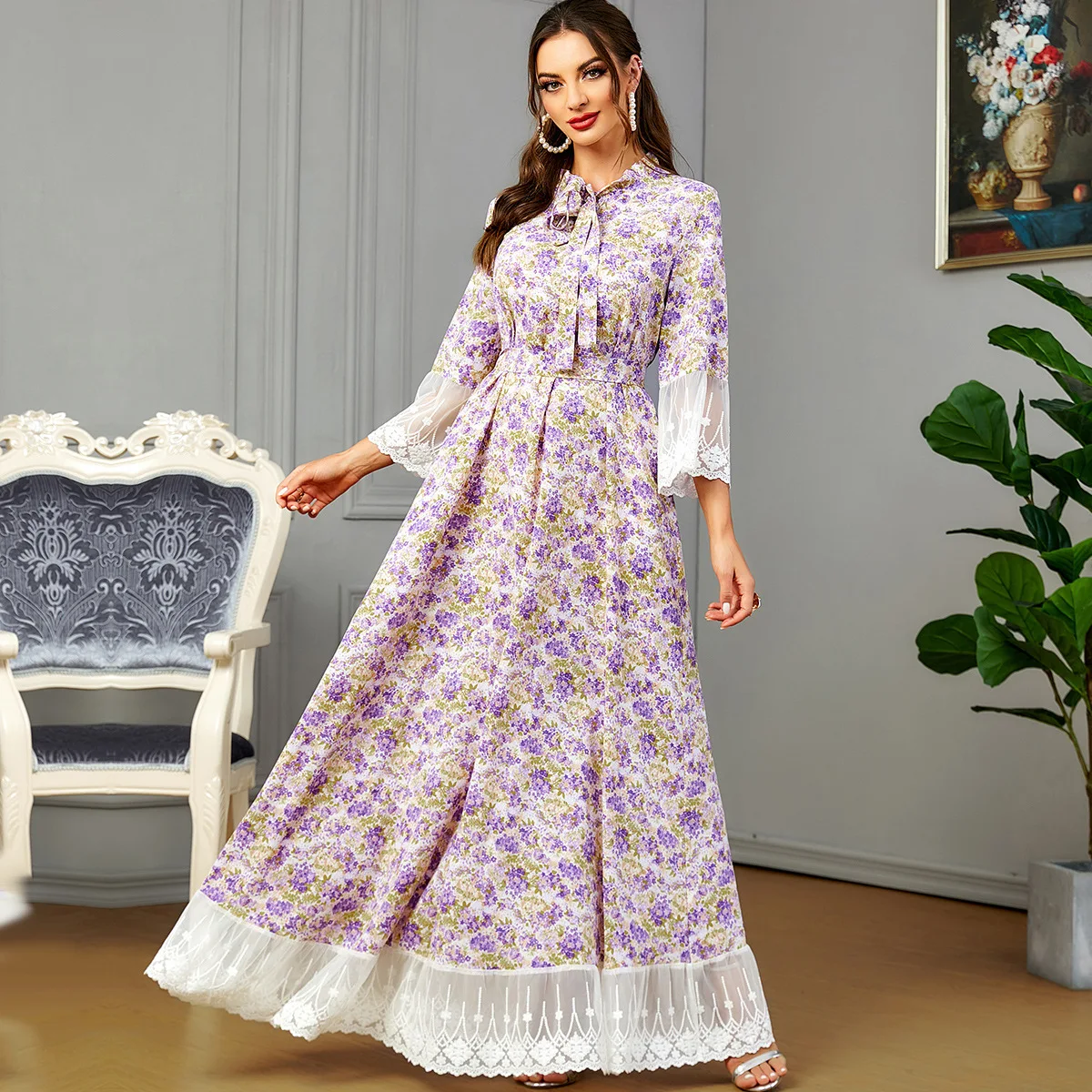 2024 Summer New Fashion Ethical Style Floral Printed Lace Maxi Dress Muslim Women's Clothing Robe Femme Musulmane Vestidos