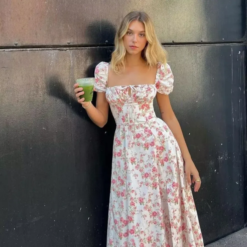 Dames nieuwe retro sprookjesstijl casual bubble mouw korte mouwen slim fit vierkante hals bloemenprint laag uitgesneden jurk