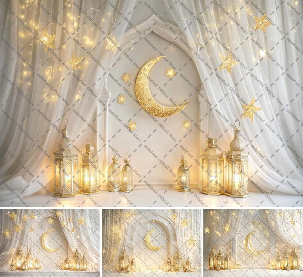 

Mehofond Photography Background Eid Ramadan Mubarak Celebration Party Golden Glitter Moon and Stars Decor Backdrop Photo Studio
