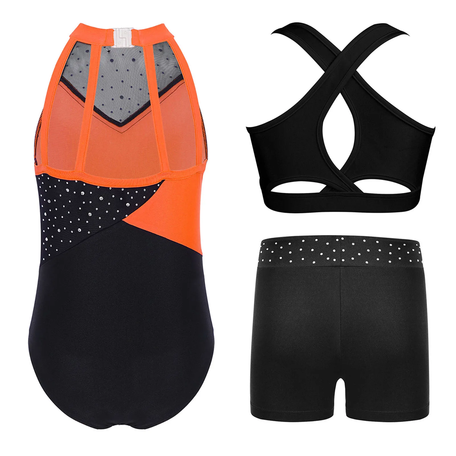 Conjuntos de baile de Ballet para niñas, traje de actuación de gimnasia, leotardo con diamantes de imitación y chaleco recortado con abertura cruzada en la espalda y pantalones cortos