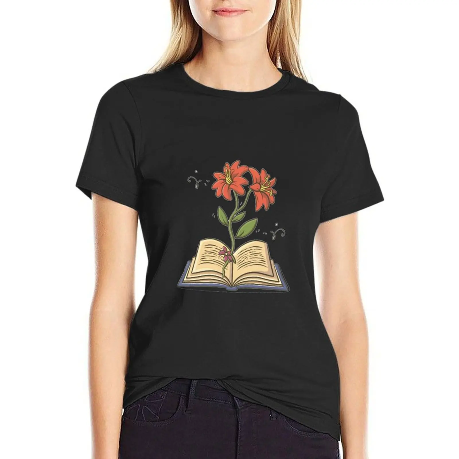 

flowers growing from book T-Shirt funnys sweat summer clothes heavyweights fashion woman blouse 2025