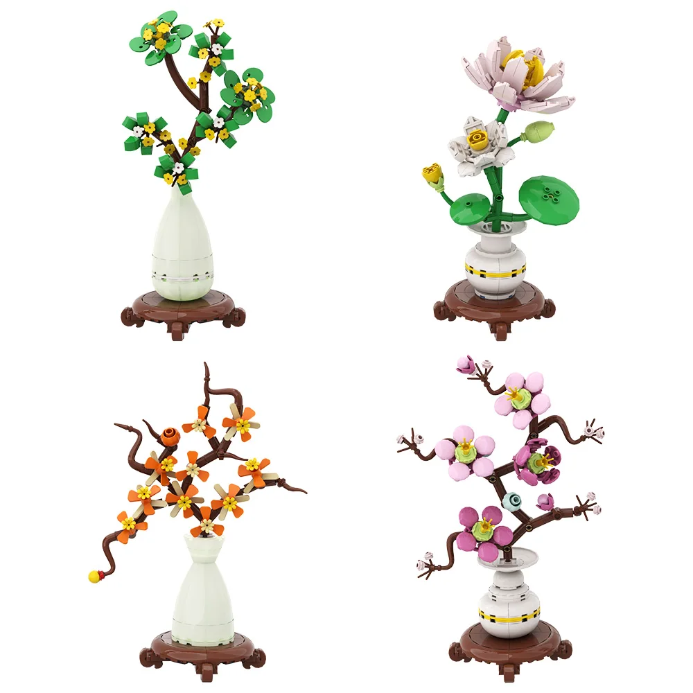 

MOCFour Season Flower Bonsai Building Blocks Peach Blossom Lotus Osmanthus Plum Blossom Flower Tree Plant Bonsai Brick Toy Gift