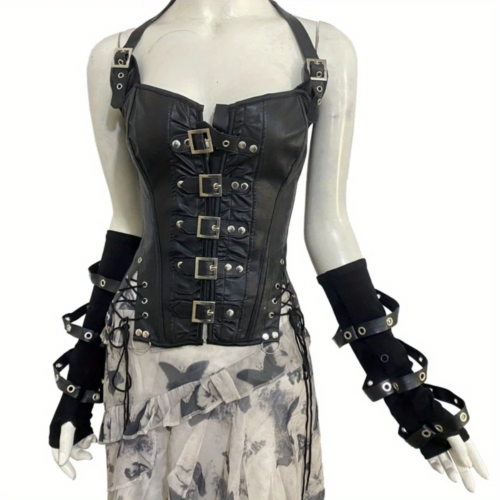 Luvas femininas de PU – Anel – Mangas de braço estilo escuro adornadas, ideais para primavera/verão, dança de rua e roupas da moda ​