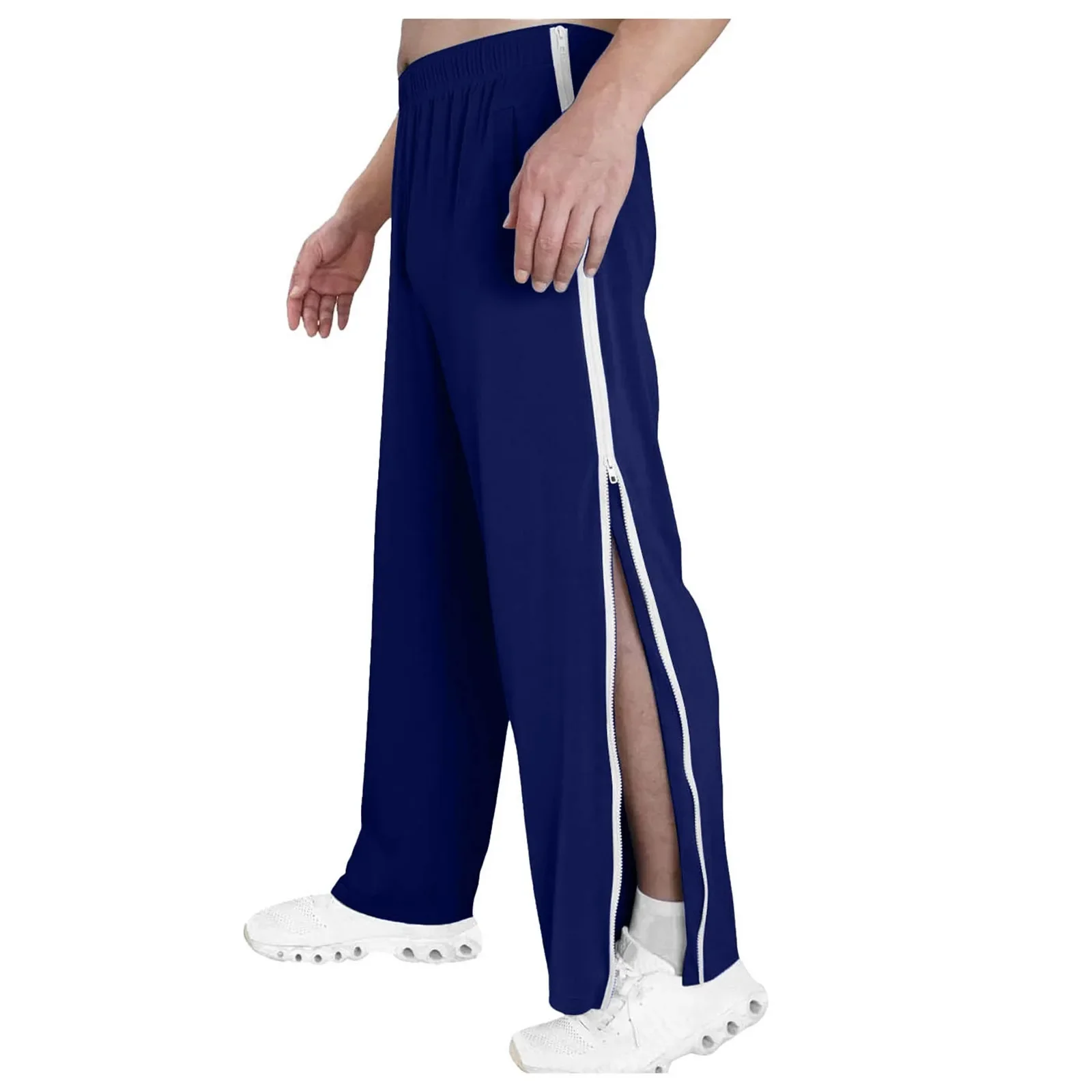 

Mid-Rise Men Sweatpants Elastic Waistband Pockets Sports Trousers Splicing Color Wide Leg Side Zipper Tear Away Basketball Pants