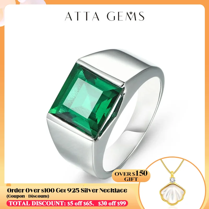 

Emerald Sterling Silver Ring 925 Silver Jewelry 4.8 Carats in Square 10mm Created Emerald Green Color With Top Quality For Men