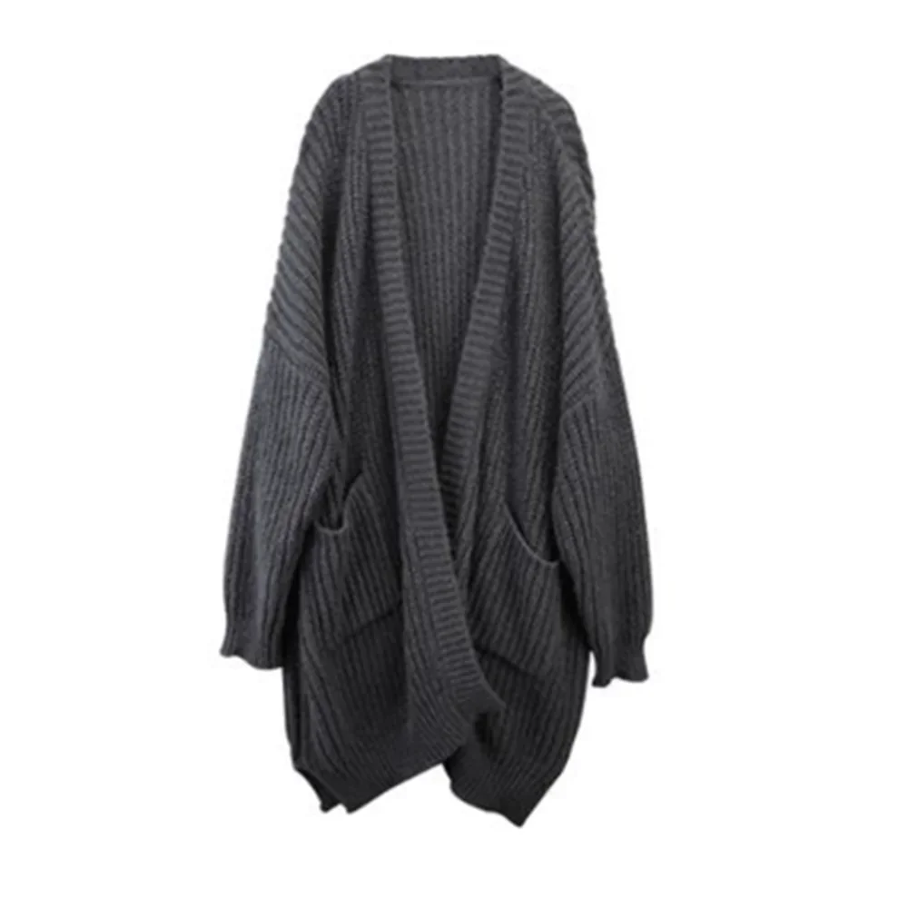 Autumn Winter Chic Long V-Neck Sweater Cardigan Women Casual Loose Gray Pocket Coats New Knitted Jackets Lady Basic Joker Tops