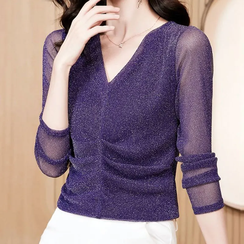 2022 Casual Solid Color Stylish Bright Silk T-shirt Spring Autumn V-Neck All-match Long Sleeve Folds Female Slim Gauze Pullovers