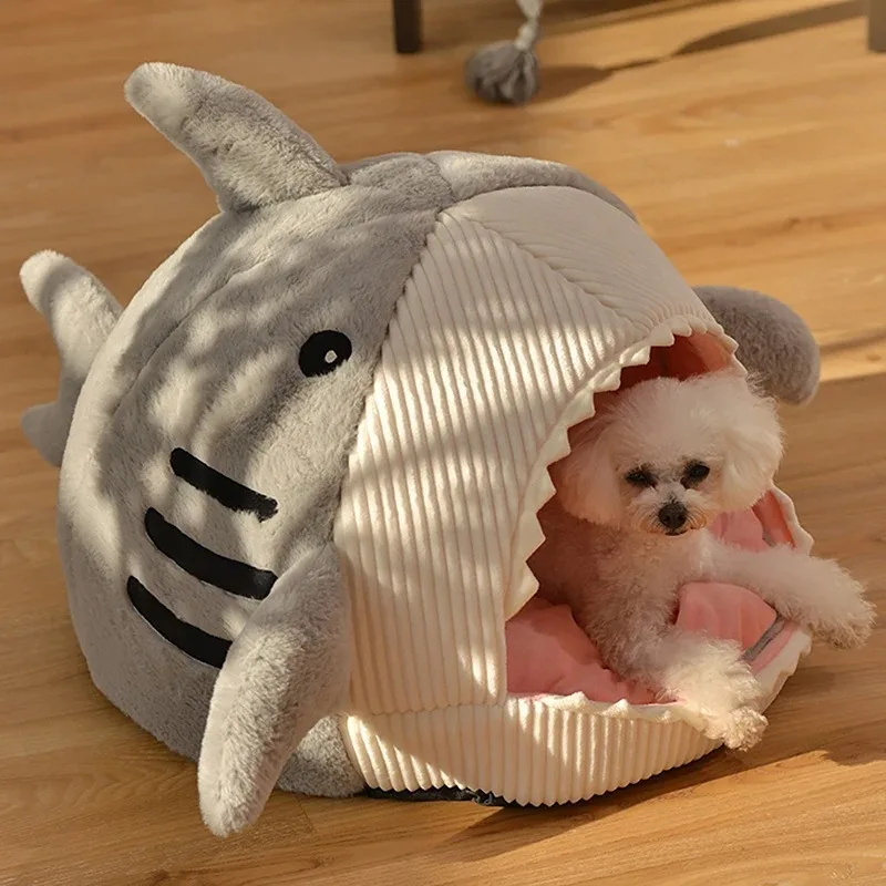 100% cotton Shark Cat Bed Warm cat Tent non-slip Comfortable Pet Sleeping Bed House Goods Cartoon Enclosed Cat Hut Pet Goods