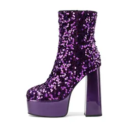 Sequins Cloth Bling Bling Party Wedding Super Block High Heels Bride Shoes Shiny Pink Purple Blue Platform Ankle Modern Boots