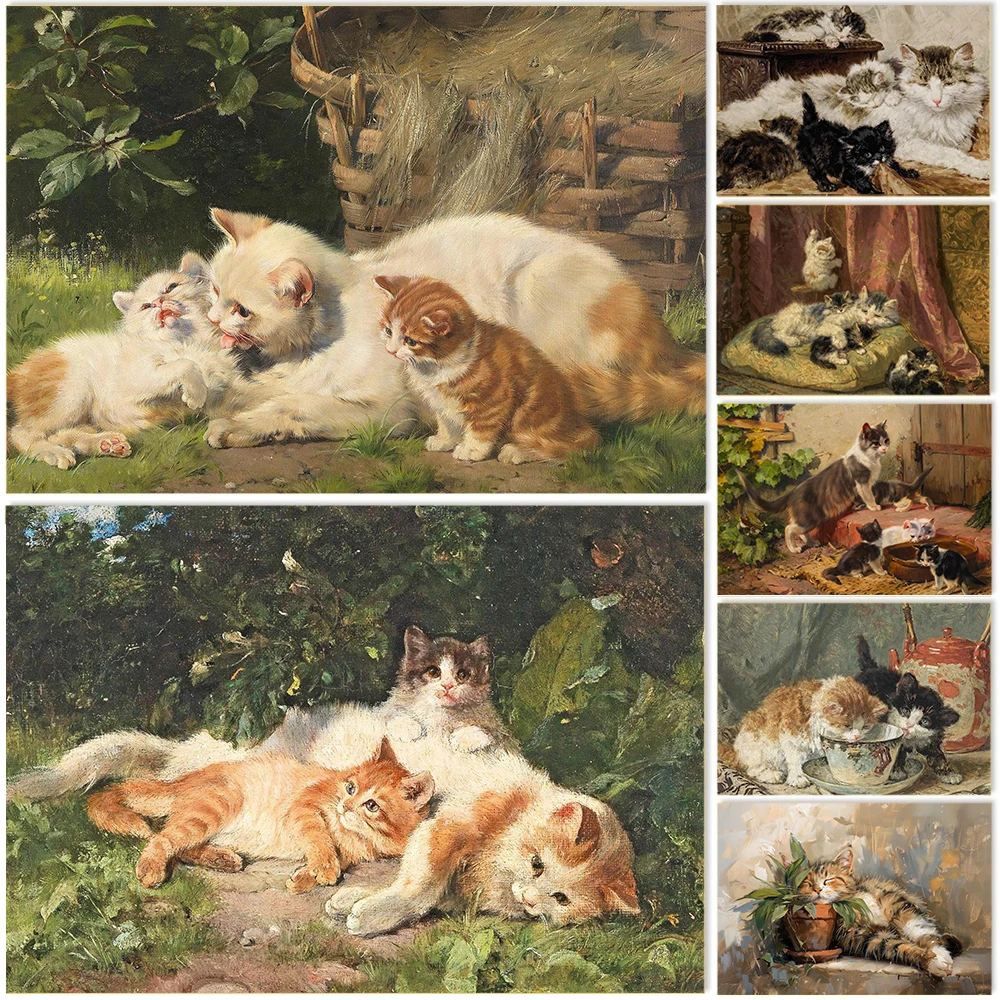 Póster Artístico al óleo Vintage y acogedor con bonito gato durmiendo en el jardín, pintura en lienzo, impresión, decoración para sala de estar y granja